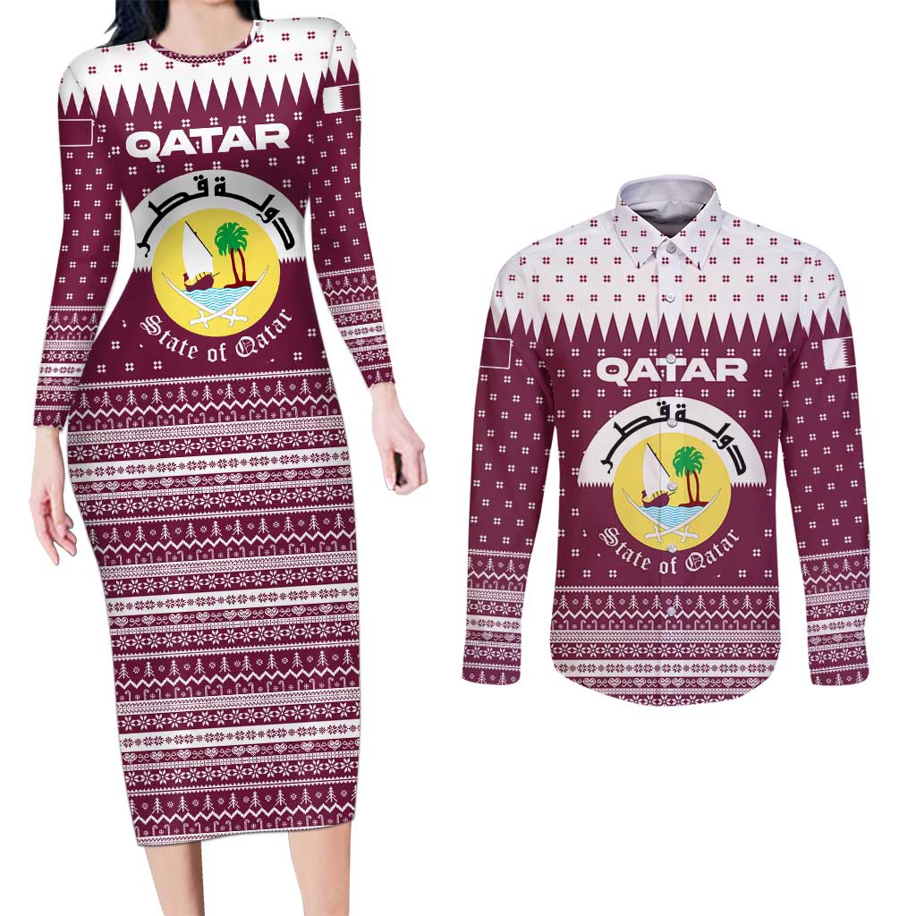 Qatar Christmas Couples Matching Long Sleeve Bodycon Dress and Long Sleeve Button Shirt with Maroon-White Design, National Emblem, and Camel Motif - Wonder Print Shop