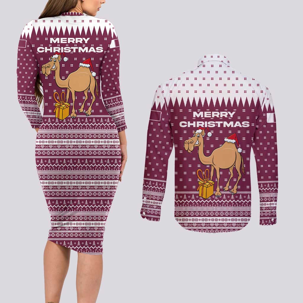 Qatar Christmas Couples Matching Long Sleeve Bodycon Dress and Long Sleeve Button Shirt with Maroon-White Design, National Emblem, and Camel Motif - Wonder Print Shop