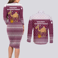 Qatar Christmas Couples Matching Long Sleeve Bodycon Dress and Long Sleeve Button Shirt with Maroon-White Design, National Emblem, and Camel Motif - Wonder Print Shop