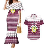 Qatar Christmas Couples Matching Mermaid Dress and Hawaiian Shirt with Maroon-White Design, National Emblem, and Camel Motif - Wonder Print Shop