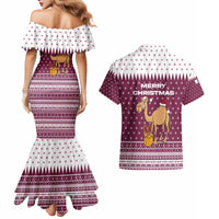 Qatar Christmas Couples Matching Mermaid Dress and Hawaiian Shirt with Maroon-White Design, National Emblem, and Camel Motif - Wonder Print Shop