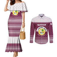 Qatar Christmas Couples Matching Mermaid Dress and Long Sleeve Button Shirt with Maroon-White Design, National Emblem, and Camel Motif - Wonder Print Shop