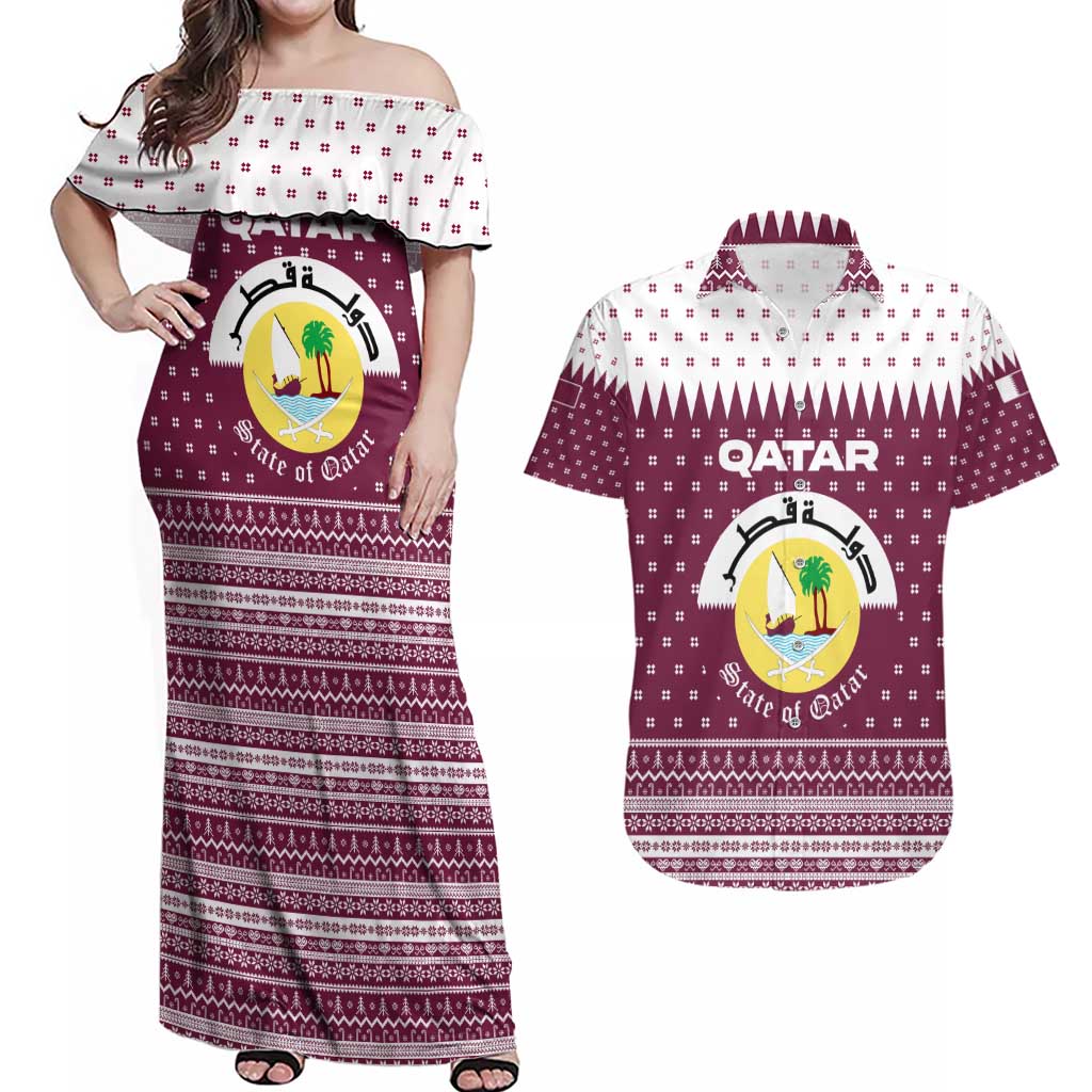 Qatar Christmas Couples Matching Off Shoulder Maxi Dress and Hawaiian Shirt with Maroon-White Design, National Emblem, and Camel Motif - Wonder Print Shop