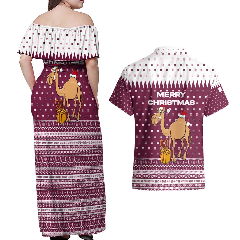 Qatar Christmas Couples Matching Off Shoulder Maxi Dress and Hawaiian Shirt with Maroon-White Design, National Emblem, and Camel Motif - Wonder Print Shop