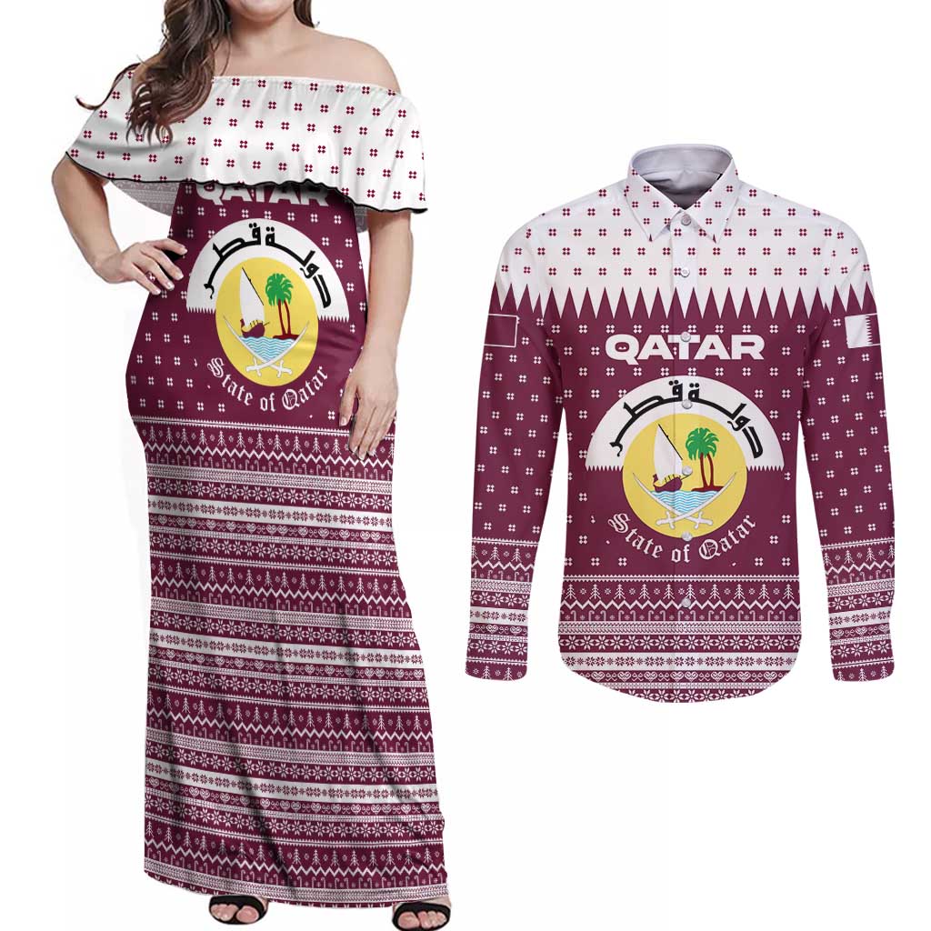 Qatar Christmas Couples Matching Off Shoulder Maxi Dress and Long Sleeve Button Shirt with Maroon-White Design, National Emblem, and Camel Motif - Wonder Print Shop