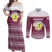 Qatar Christmas Couples Matching Off Shoulder Maxi Dress and Long Sleeve Button Shirt with Maroon-White Design, National Emblem, and Camel Motif - Wonder Print Shop