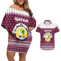Qatar Christmas Couples Matching Off Shoulder Short Dress and Hawaiian Shirt with Maroon-White Design, National Emblem, and Camel Motif - Wonder Print Shop