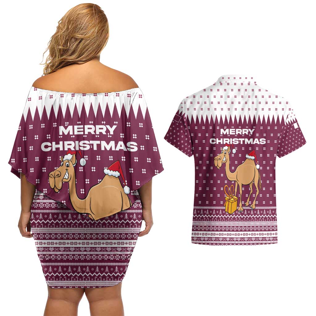 Qatar Christmas Couples Matching Off Shoulder Short Dress and Hawaiian Shirt with Maroon-White Design, National Emblem, and Camel Motif - Wonder Print Shop