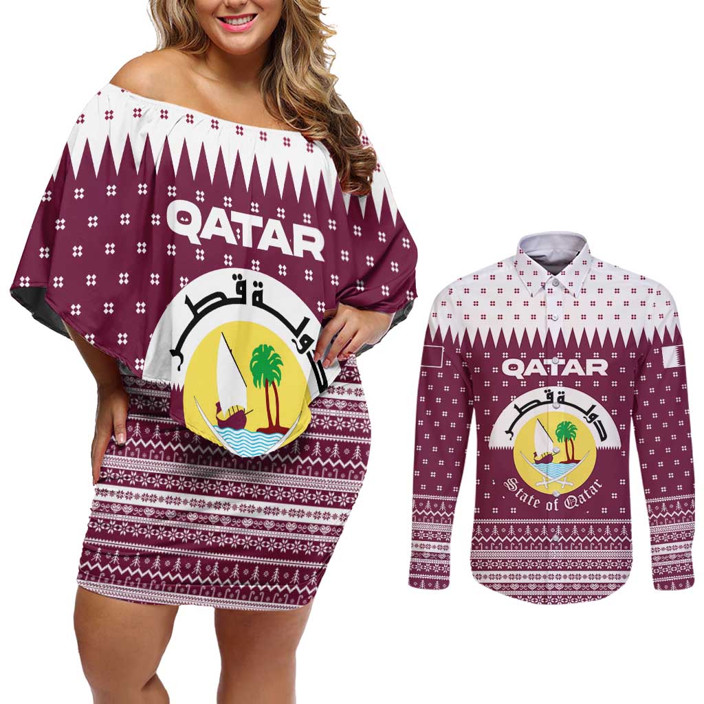 Qatar Christmas Couples Matching Off Shoulder Short Dress and Long Sleeve Button Shirt with Maroon-White Design, National Emblem, and Camel Motif - Wonder Print Shop