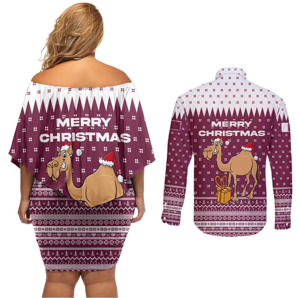 Qatar Christmas Couples Matching Off Shoulder Short Dress and Long Sleeve Button Shirt with Maroon-White Design, National Emblem, and Camel Motif - Wonder Print Shop