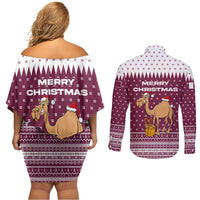 Qatar Christmas Couples Matching Off Shoulder Short Dress and Long Sleeve Button Shirt with Maroon-White Design, National Emblem, and Camel Motif - Wonder Print Shop