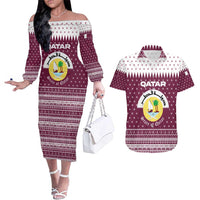 Qatar Christmas Couples Matching Off The Shoulder Long Sleeve Dress and Hawaiian Shirt with Maroon-White Design, National Emblem, and Camel Motif - Wonder Print Shop