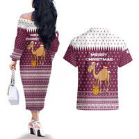 Qatar Christmas Couples Matching Off The Shoulder Long Sleeve Dress and Hawaiian Shirt with Maroon-White Design, National Emblem, and Camel Motif - Wonder Print Shop