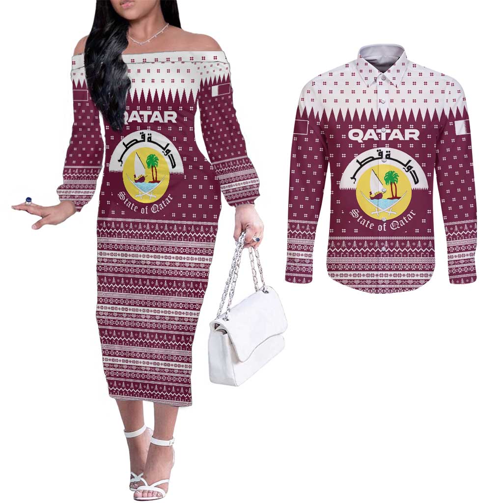 Qatar Christmas Couples Matching Off The Shoulder Long Sleeve Dress and Long Sleeve Button Shirt with Maroon-White Design, National Emblem, and Camel Motif - Wonder Print Shop