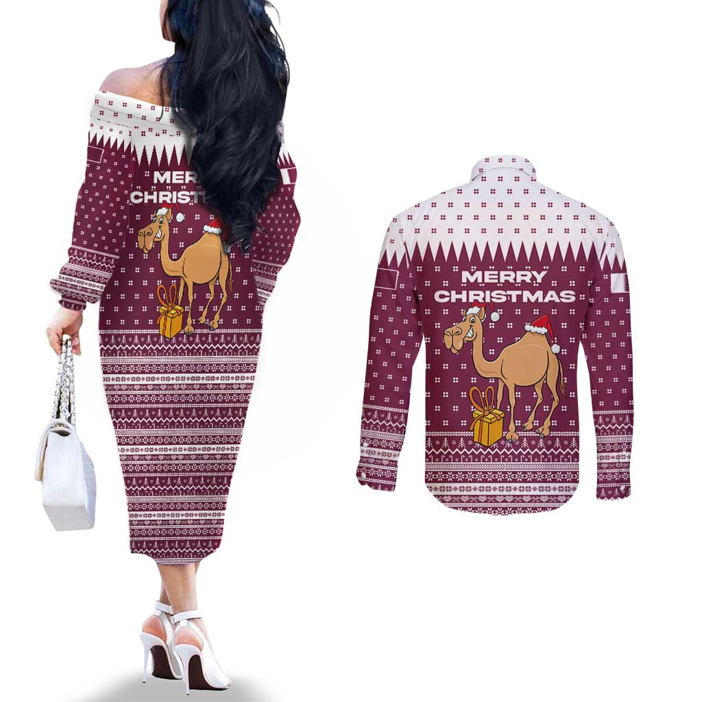 Qatar Christmas Couples Matching Off The Shoulder Long Sleeve Dress and Long Sleeve Button Shirt with Maroon-White Design, National Emblem, and Camel Motif - Wonder Print Shop