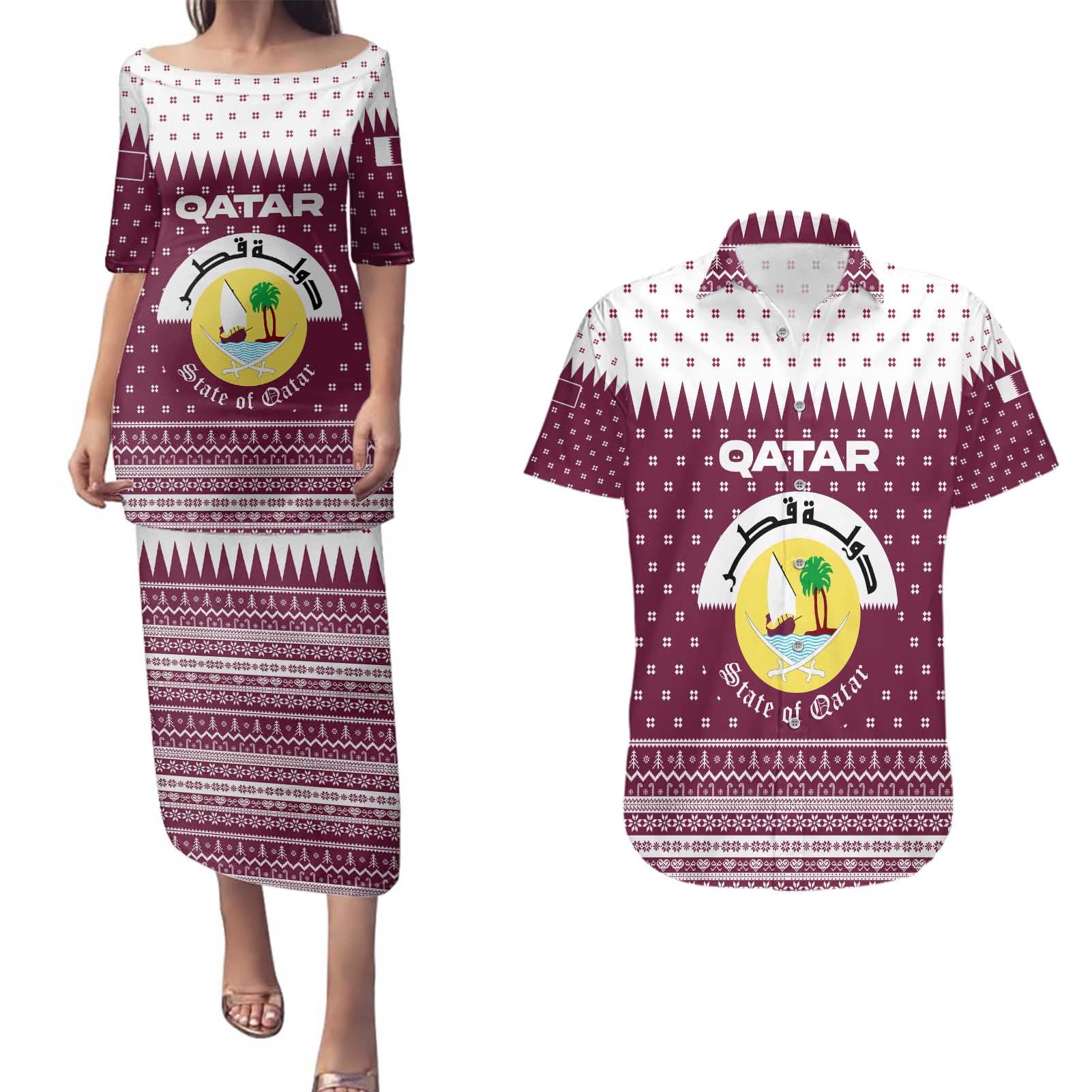 Qatar Christmas Couples Matching Puletasi and Hawaiian Shirt with Maroon-White Design, National Emblem, and Camel Motif - Wonder Print Shop