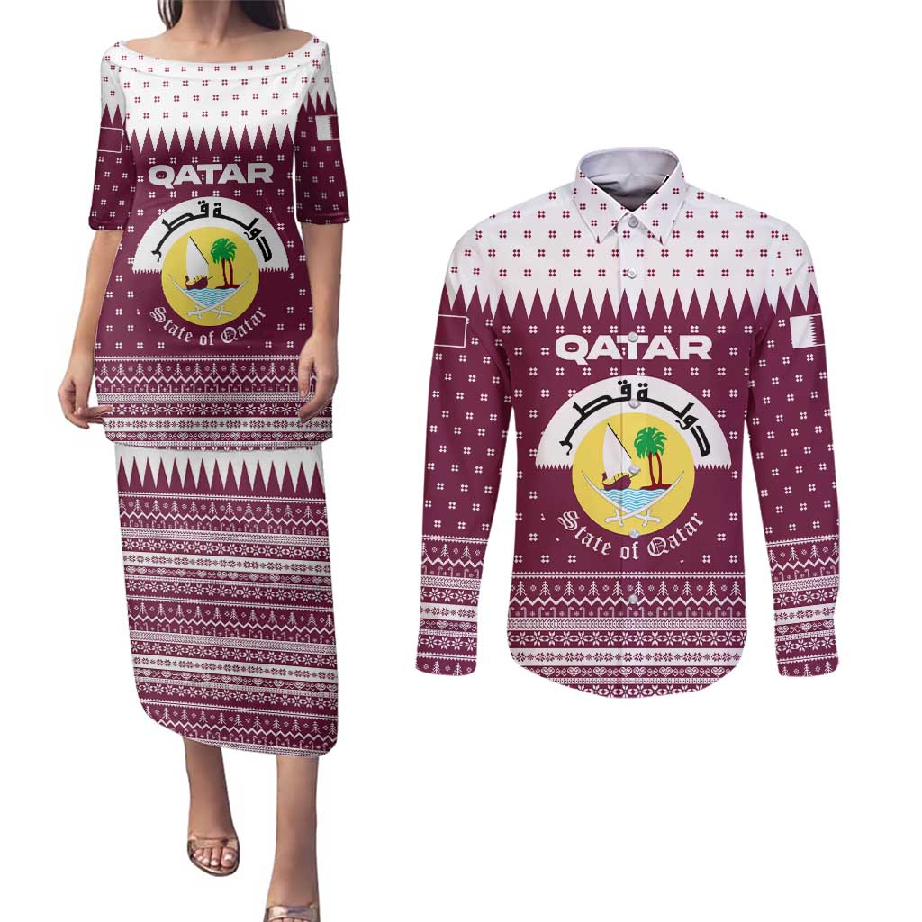 Qatar Christmas Couples Matching Puletasi and Long Sleeve Button Shirt with Maroon-White Design, National Emblem, and Camel Motif - Wonder Print Shop