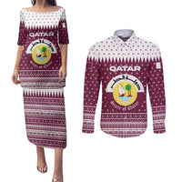 Qatar Christmas Couples Matching Puletasi and Long Sleeve Button Shirt with Maroon-White Design, National Emblem, and Camel Motif - Wonder Print Shop