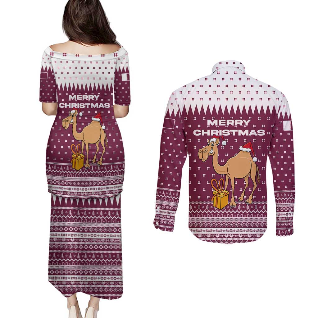 Qatar Christmas Couples Matching Puletasi and Long Sleeve Button Shirt with Maroon-White Design, National Emblem, and Camel Motif - Wonder Print Shop