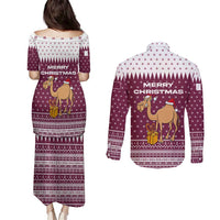 Qatar Christmas Couples Matching Puletasi and Long Sleeve Button Shirt with Maroon-White Design, National Emblem, and Camel Motif - Wonder Print Shop