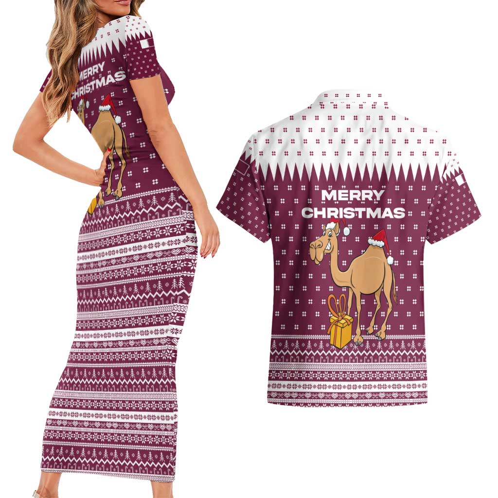 Qatar Christmas Couples Matching Short Sleeve Bodycon Dress and Hawaiian Shirt with Maroon-White Design, National Emblem, and Camel Motif - Wonder Print Shop