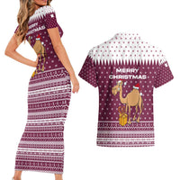 Qatar Christmas Couples Matching Short Sleeve Bodycon Dress and Hawaiian Shirt with Maroon-White Design, National Emblem, and Camel Motif - Wonder Print Shop