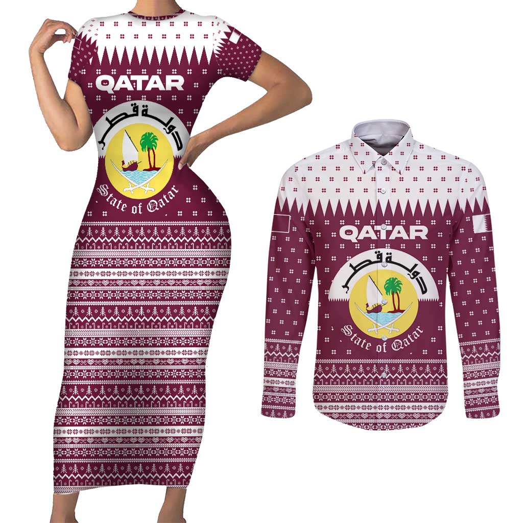 Qatar Christmas Couples Matching Short Sleeve Bodycon Dress and Long Sleeve Button Shirt with Maroon-White Design, National Emblem, and Camel Motif - Wonder Print Shop
