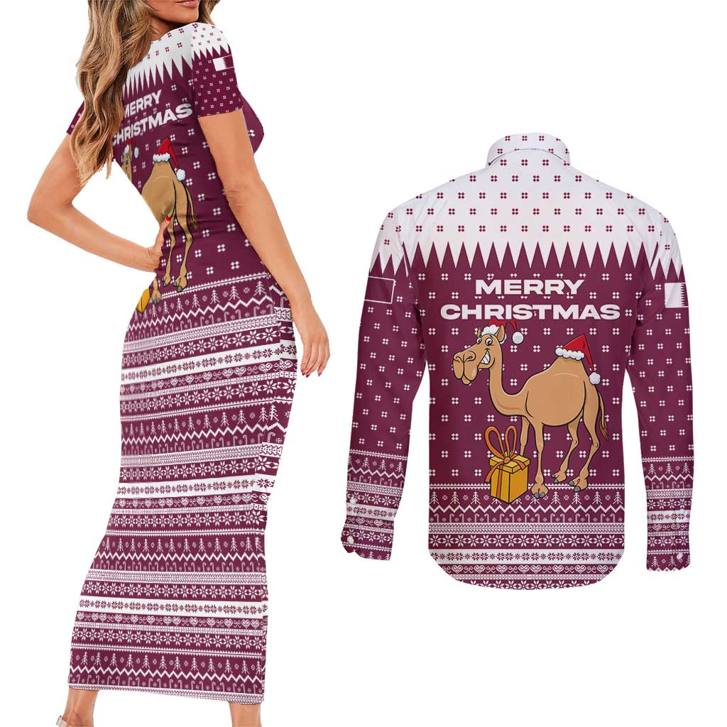 Qatar Christmas Couples Matching Short Sleeve Bodycon Dress and Long Sleeve Button Shirt with Maroon-White Design, National Emblem, and Camel Motif - Wonder Print Shop