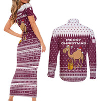 Qatar Christmas Couples Matching Short Sleeve Bodycon Dress and Long Sleeve Button Shirt with Maroon-White Design, National Emblem, and Camel Motif - Wonder Print Shop