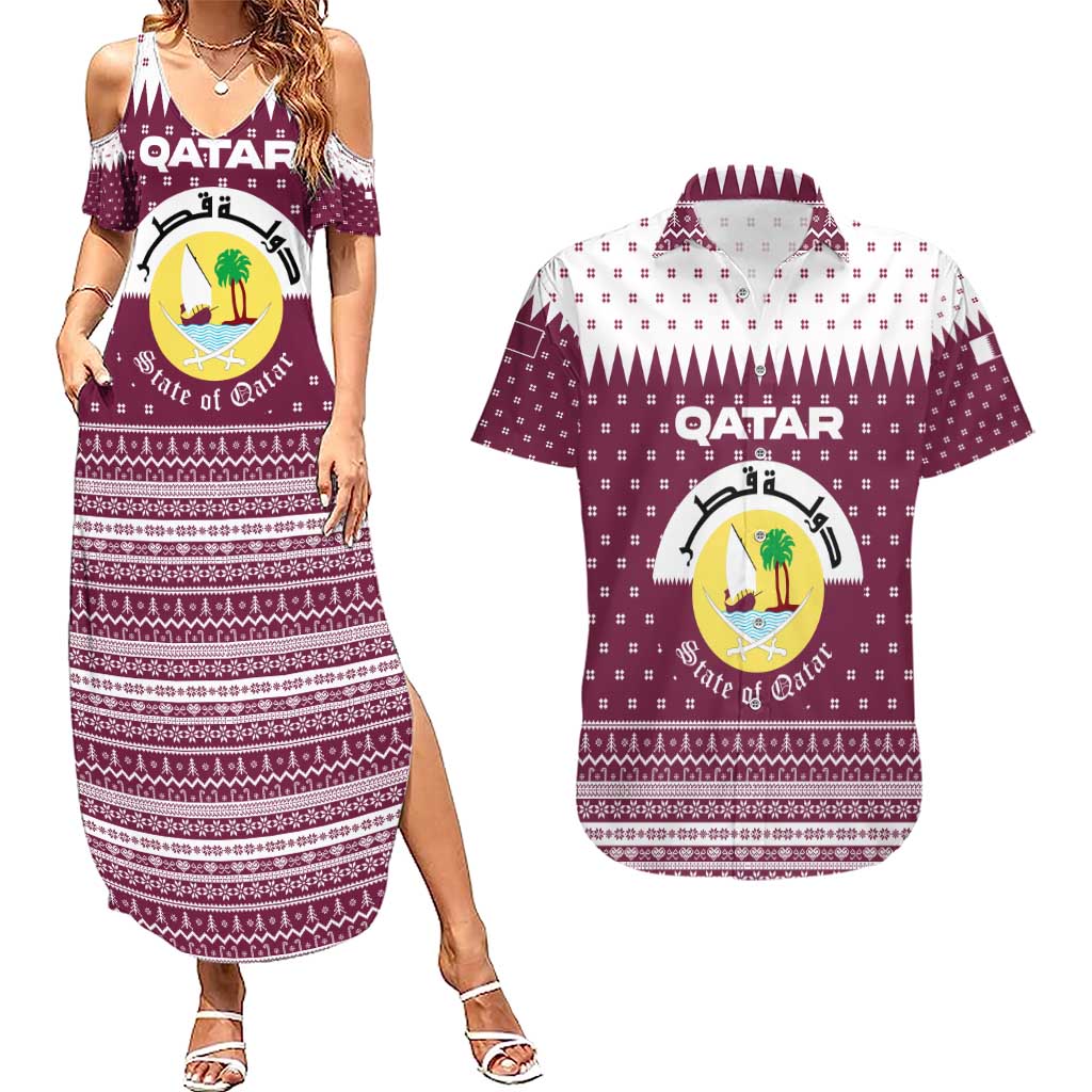 Qatar Christmas Couples Matching Summer Maxi Dress and Hawaiian Shirt with Maroon-White Design, National Emblem, and Camel Motif - Wonder Print Shop