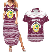 Qatar Christmas Couples Matching Summer Maxi Dress and Hawaiian Shirt with Maroon-White Design, National Emblem, and Camel Motif - Wonder Print Shop