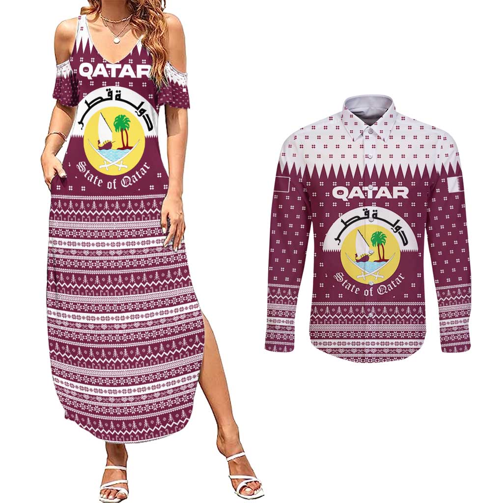 Qatar Christmas Couples Matching Summer Maxi Dress and Long Sleeve Button Shirt with Maroon-White Design, National Emblem, and Camel Motif - Wonder Print Shop