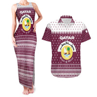 Qatar Christmas Couples Matching Tank Maxi Dress and Hawaiian Shirt with Maroon-White Design, National Emblem, and Camel Motif - Wonder Print Shop