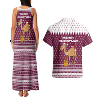 Qatar Christmas Couples Matching Tank Maxi Dress and Hawaiian Shirt with Maroon-White Design, National Emblem, and Camel Motif - Wonder Print Shop