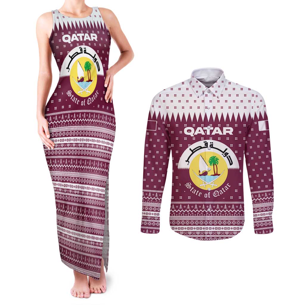 Qatar Christmas Couples Matching Tank Maxi Dress and Long Sleeve Button Shirt with Maroon-White Design, National Emblem, and Camel Motif - Wonder Print Shop