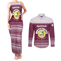 Qatar Christmas Couples Matching Tank Maxi Dress and Long Sleeve Button Shirt with Maroon-White Design, National Emblem, and Camel Motif - Wonder Print Shop