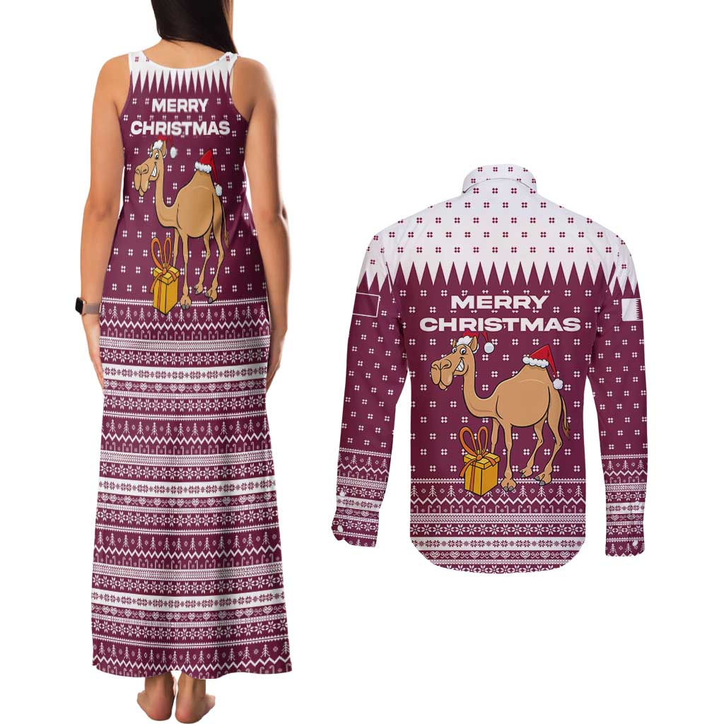 Qatar Christmas Couples Matching Tank Maxi Dress and Long Sleeve Button Shirt with Maroon-White Design, National Emblem, and Camel Motif - Wonder Print Shop