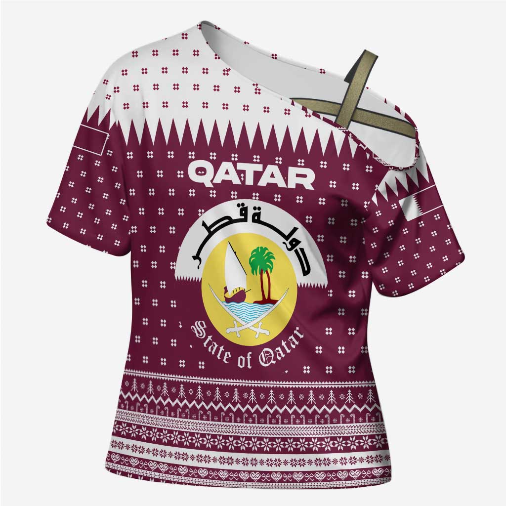 Qatar Christmas Cross Shoulder Shirt with Maroon-White Design, National Emblem, and Camel Motif - Wonder Print Shop