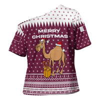 Qatar Christmas Cross Shoulder Shirt with Maroon-White Design, National Emblem, and Camel Motif - Wonder Print Shop