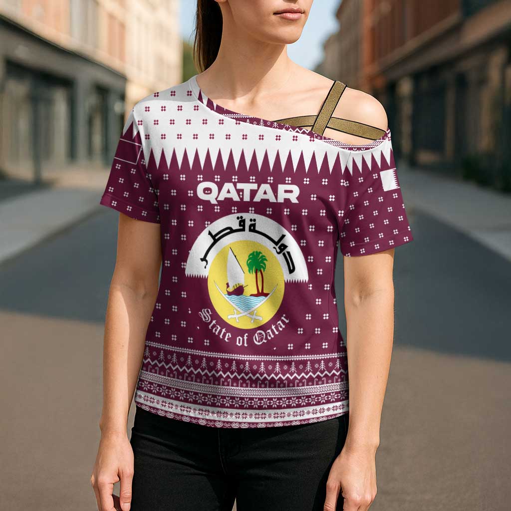 Qatar Christmas Cross Shoulder Shirt with Maroon-White Design, National Emblem, and Camel Motif - Wonder Print Shop