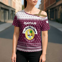 Qatar Christmas Cross Shoulder Shirt with Maroon-White Design, National Emblem, and Camel Motif - Wonder Print Shop