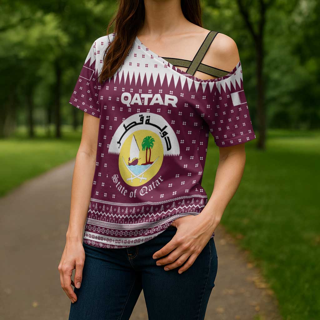 Qatar Christmas Cross Shoulder Shirt with Maroon-White Design, National Emblem, and Camel Motif - Wonder Print Shop