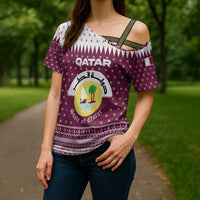 Qatar Christmas Cross Shoulder Shirt with Maroon-White Design, National Emblem, and Camel Motif - Wonder Print Shop
