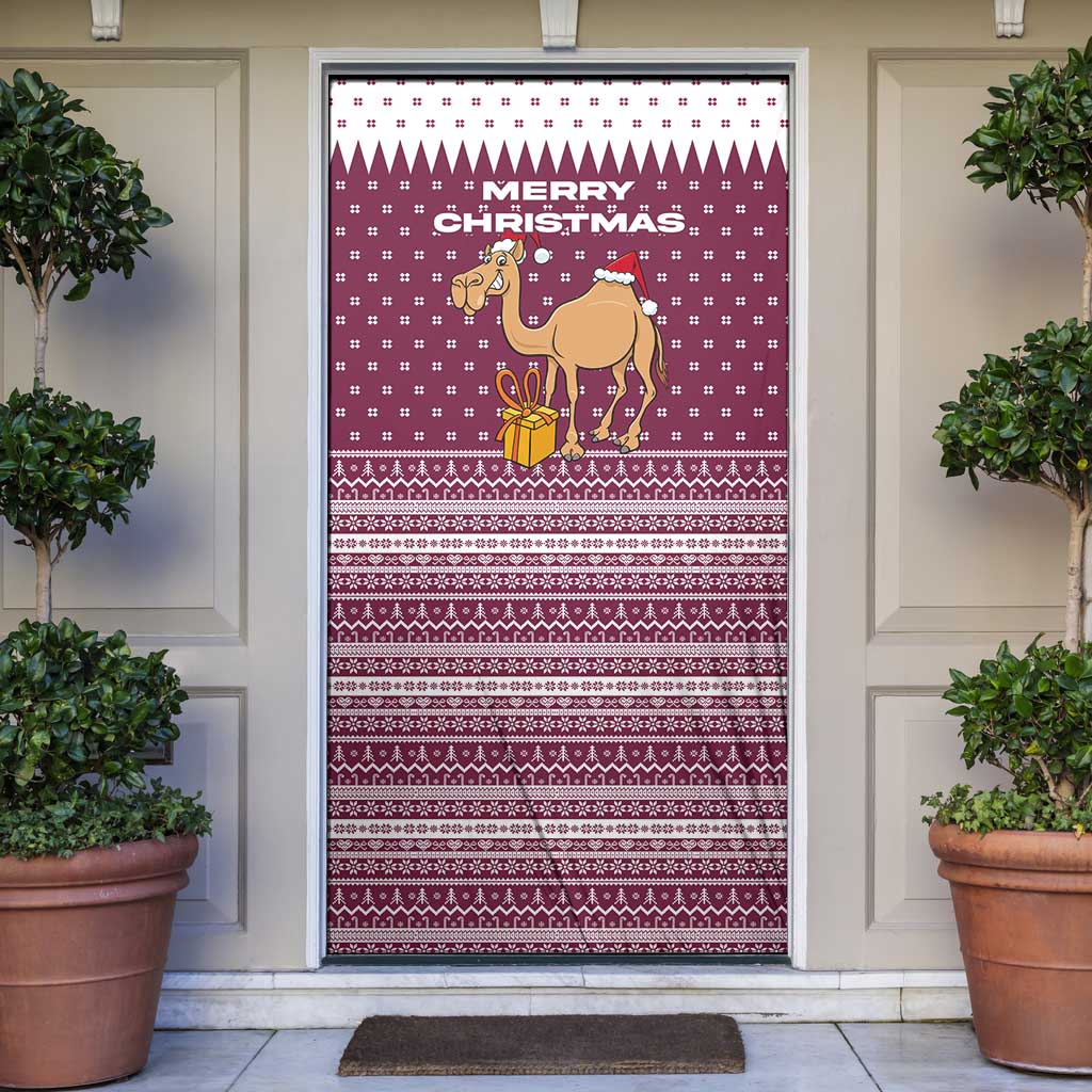 Qatar Christmas Door Cover with Maroon-White Design, National Emblem, and Camel Motif - Wonder Print Shop
