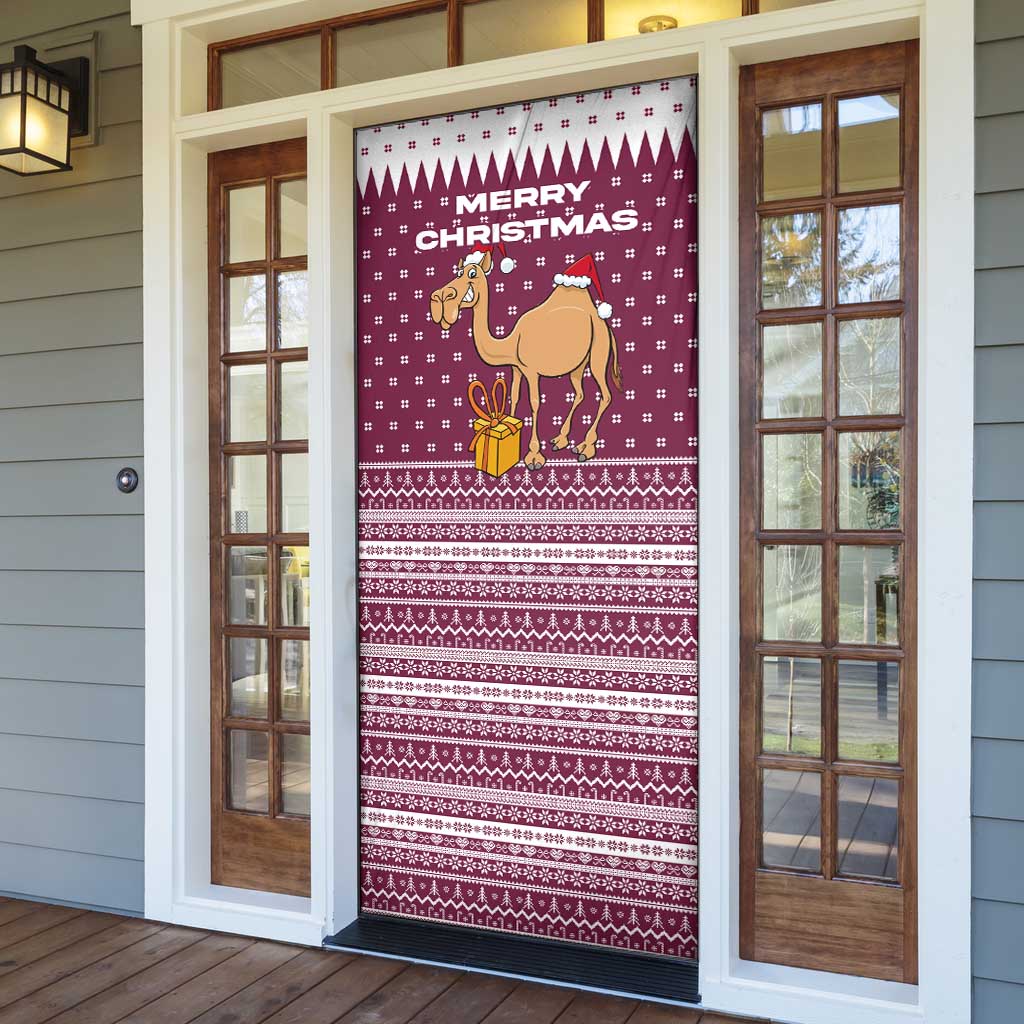 Qatar Christmas Door Cover with Maroon-White Design, National Emblem, and Camel Motif - Wonder Print Shop