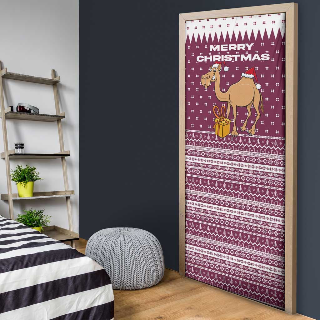 Qatar Christmas Door Cover with Maroon-White Design, National Emblem, and Camel Motif - Wonder Print Shop