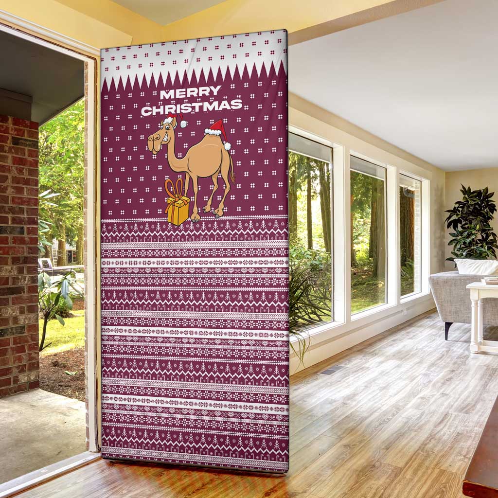 Qatar Christmas Door Cover with Maroon-White Design, National Emblem, and Camel Motif - Wonder Print Shop