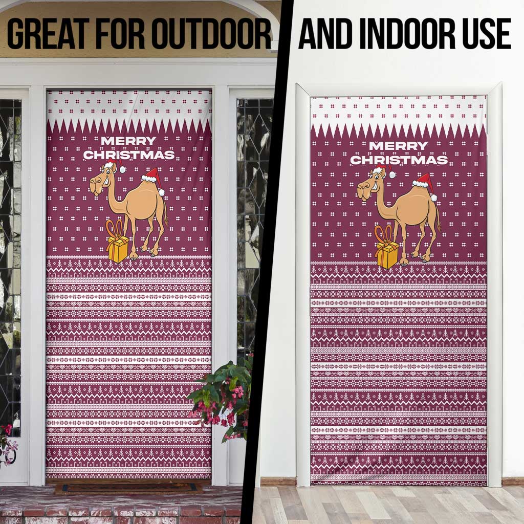 Qatar Christmas Door Cover with Maroon-White Design, National Emblem, and Camel Motif - Wonder Print Shop