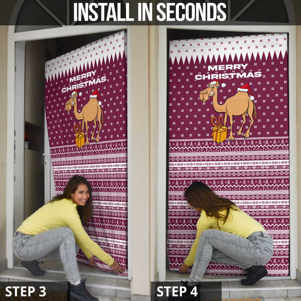 Qatar Christmas Door Cover with Maroon-White Design, National Emblem, and Camel Motif - Wonder Print Shop
