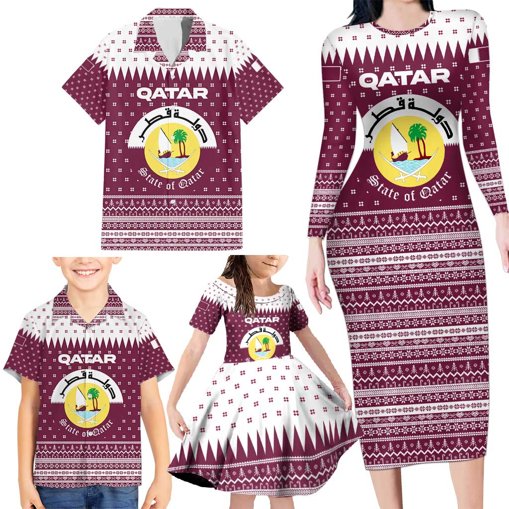 Qatar Christmas Family Matching Long Sleeve Bodycon Dress and Hawaiian Shirt with Maroon-White Design, National Emblem, and Camel Motif - Wonder Print Shop